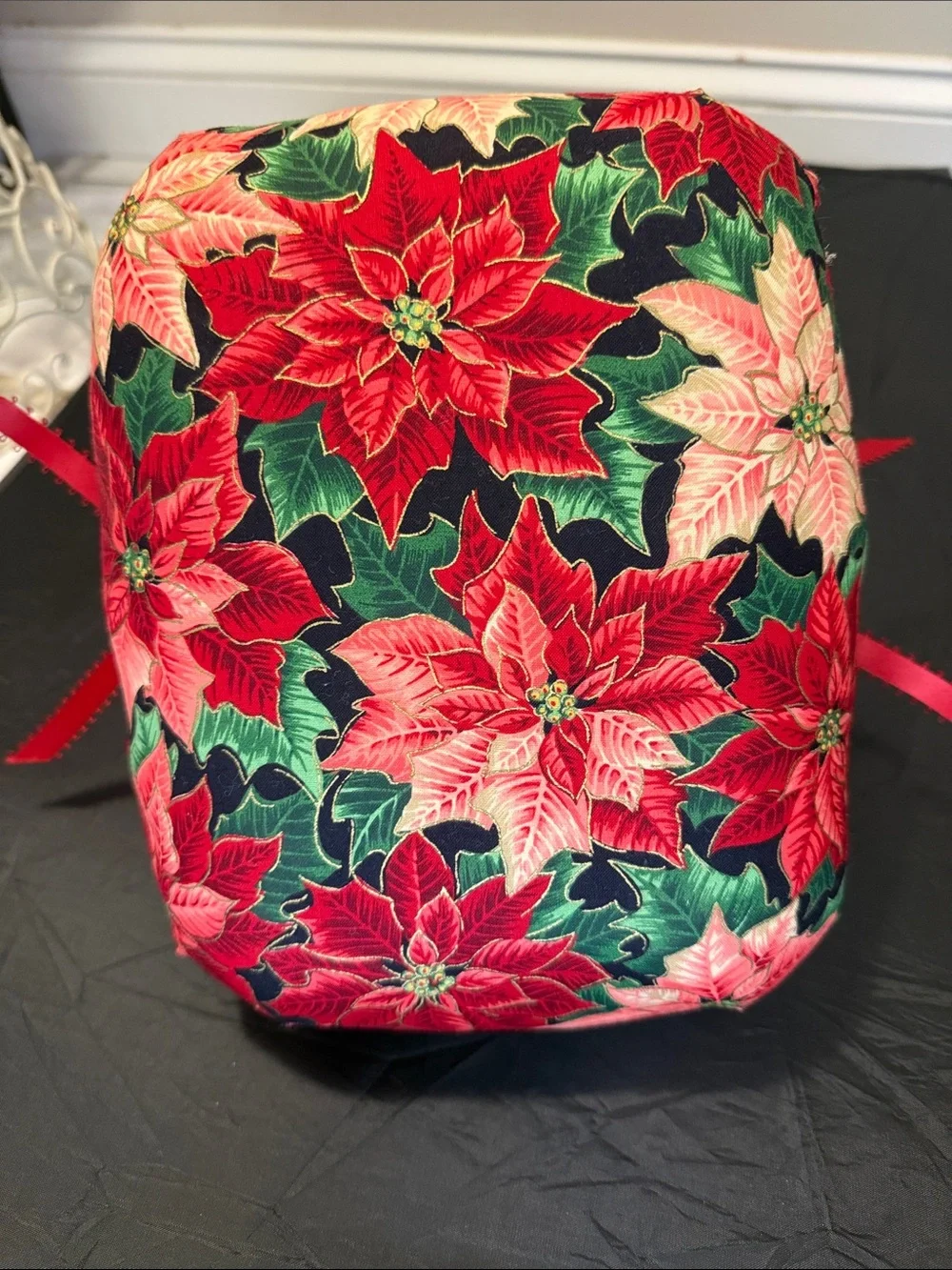 Handcrafted from my daughter Poinsettia Fabric Basket with Lace and Red Ribbon